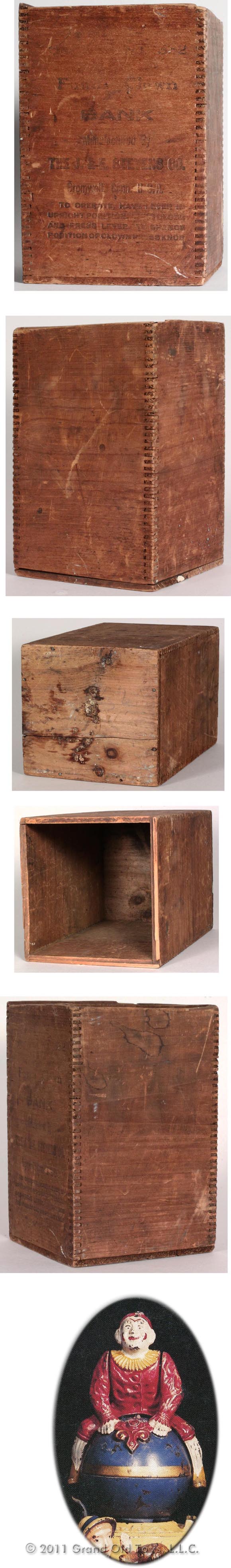 1903 J E Stevens Funny Clown Mechanical Bank Wooden Crate