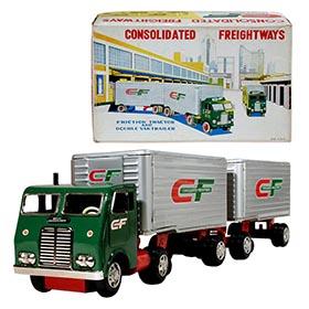 c.1960 Hayashi, Consolidated Freightways Double Van Tractor Trailer Truck in Original Box