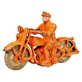 c.1934 Hubley, Orange Cast Iron Patrol Motorcycle Cop