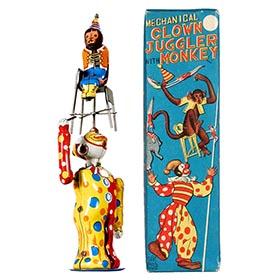 c.1959 T.P.S., Mechanical Clown Juggler with Monkey in Original Box