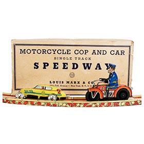 c.1938 Marx, Motorcycle Cop and Car Speedway in Original Box