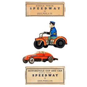 c.1938 Marx, Motorcycle Cop and Car (Red) Speedway in Original Box