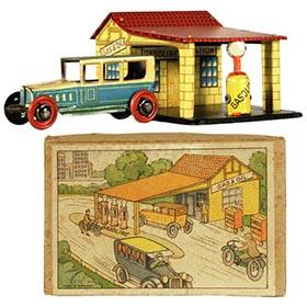 c.1927 Distler, Gas Station Set Penny Toy with Illustrated Box