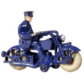 c.1935 A.C. Williams, Blue Cast Iron Motorcycle Cop