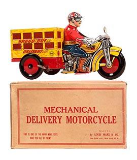 1938 Marx, Mechanical Speed Boy Delivery Motorcycle in Original Box