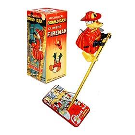 c.1958 Linemar, Mechanical Donald Duck Climbing Fireman in Original Box