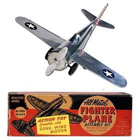 c.1946 Streamline Toy Co., Mechanical Aluminum Fighter Plane in Original Box