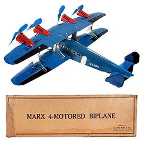 1936 Marx, 4-Motored TWA Airmail Biplane in Original Box