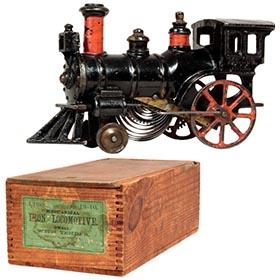 c.1884 Ives, CI Clockwork Locomotive in Original Wooden Box